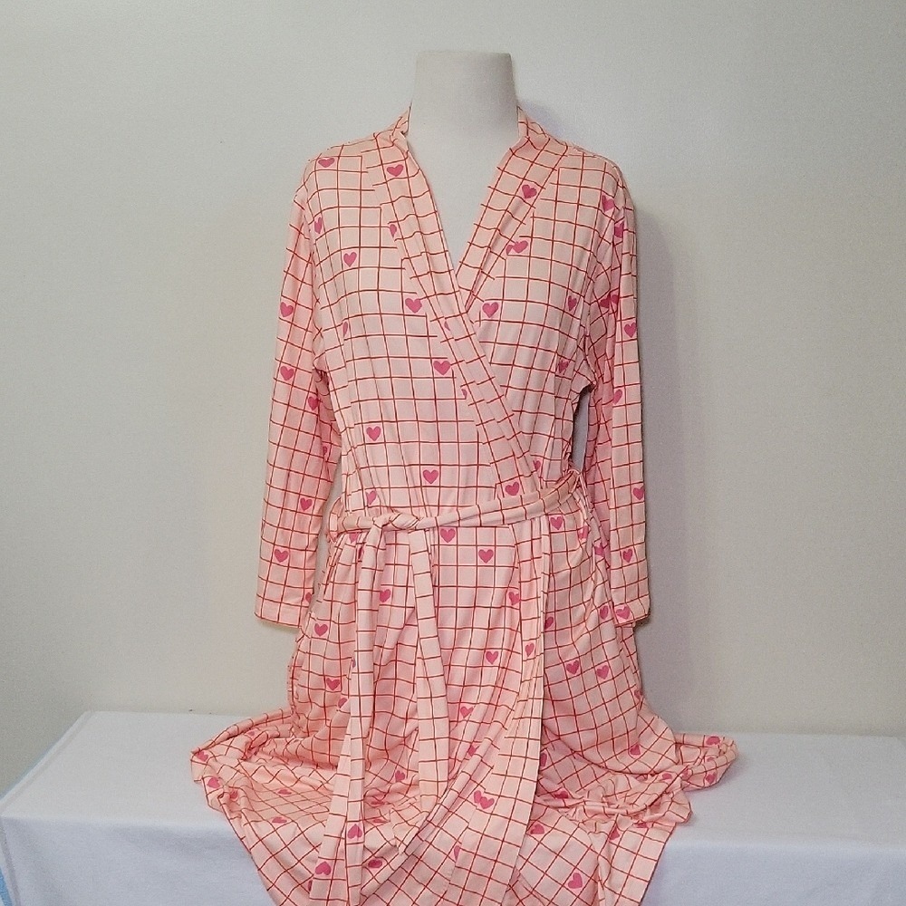 COZYS‎ Kimono Robe Lightweight Pink w/ Hearts Belt Tie Lounge Coverup Valentines